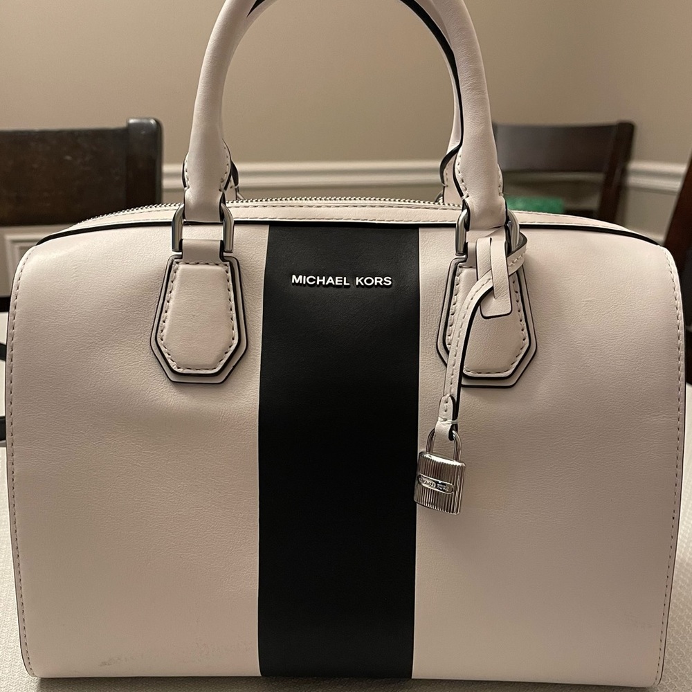 Micheal Micheal Kors Mercier Medium Striped Duffle Bag, Striped White/Black